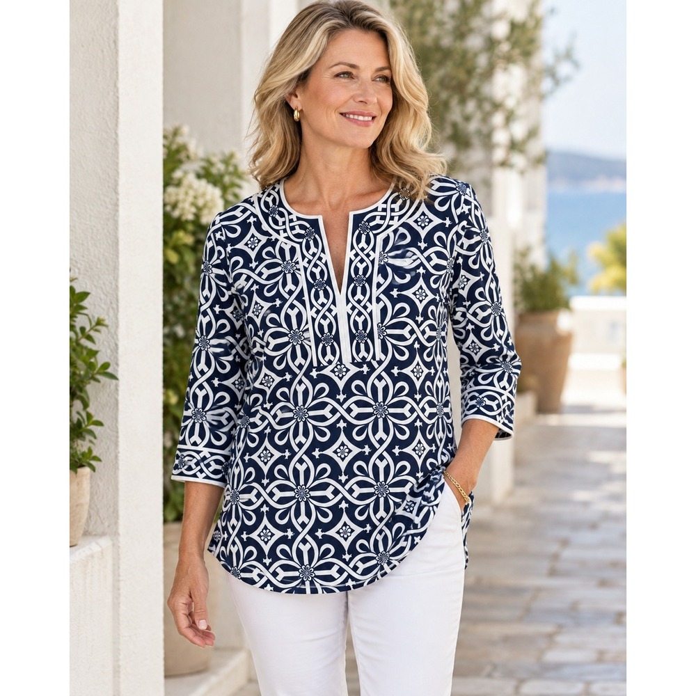 Gretchen Scott Navy White Geometric Floral Stretch Tunic Top 3/4 Sleeve M